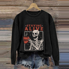 Staying Alive Skeleton Coffee Halloween Print Casual Sweatshirt