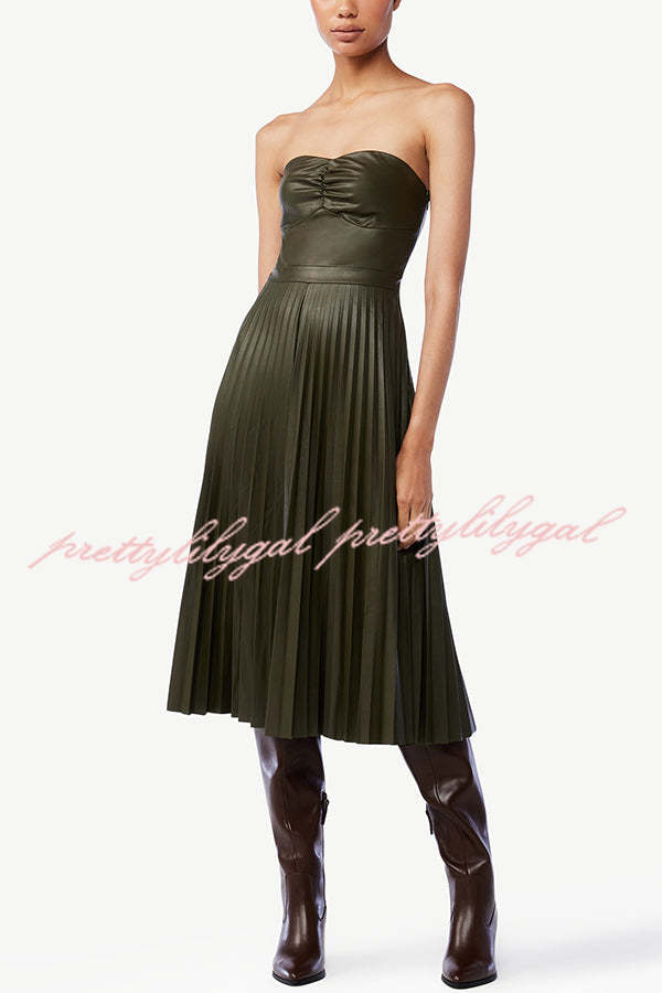 My Juliet Faux Leather Off Shoulder Strapless Pleated Stretch Midi Dress