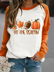 Football Tis The Season Pumpkin Maple Leaf Print Sweatshirt
