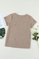 Women's Khaki Ripped Pocket Short Sleeve V Neck Casual Tee