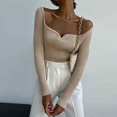 Square Neck Slim Knit Sweater with Long Sleeves Top