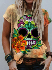 Flower Sugar Skull Tie Dye Crew Neck T Shirt