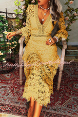 For The Love of Lace Flower Pattern Patchwork Bell Sleeve Midi Dress