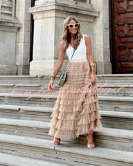 Be Your Own City Queen Tiered Elastic Waist Tulle Maxi Skirt