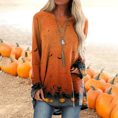 Halloween Pumpkin Cat Print Long Sleeve Tunic