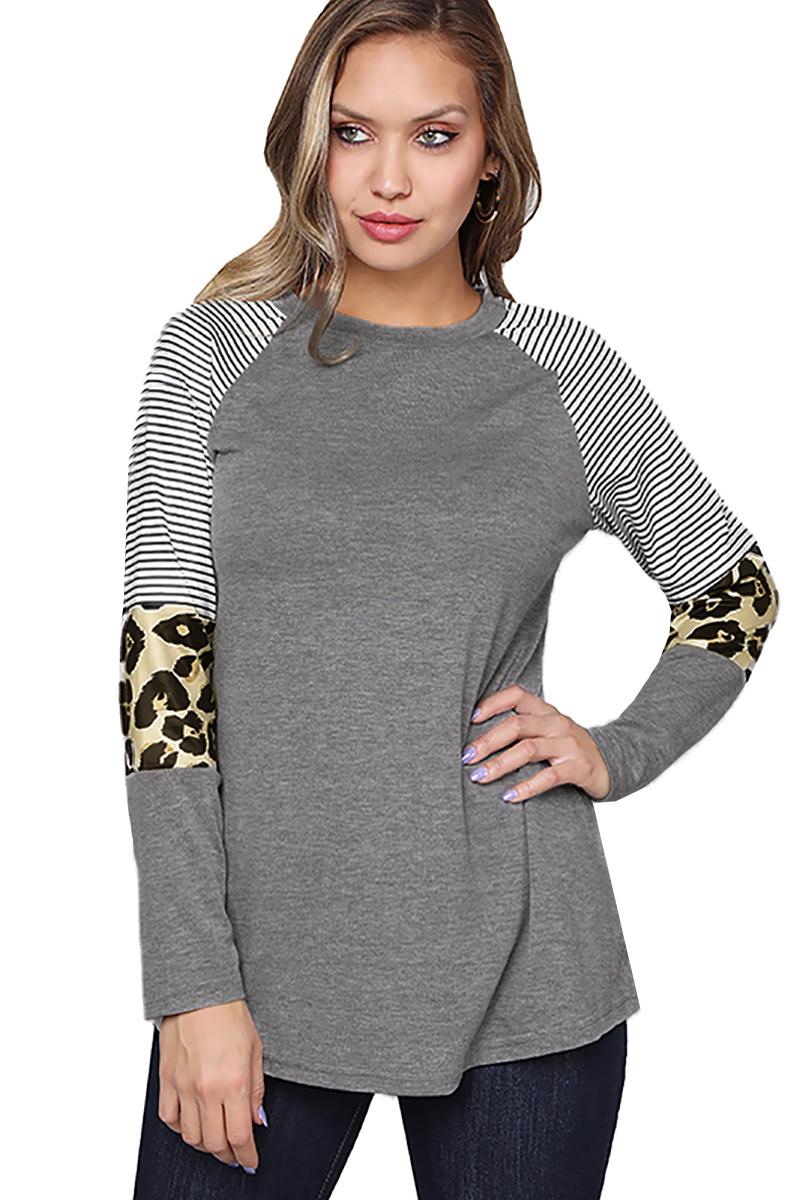 Women's Gray Striped and Leopard Color Block Long Sleeves Top