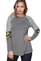 Women's Gray Striped and Leopard Color Block Long Sleeves Top