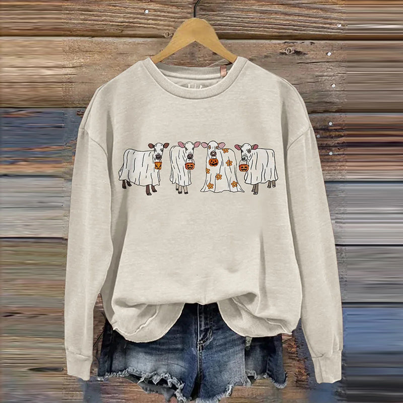 Women's Halloween Cow Ghost Print Casual Long Sleeve Sweatshirt