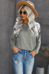 Women's Gray Leopard Snakeskin Print Long Sleeve Top