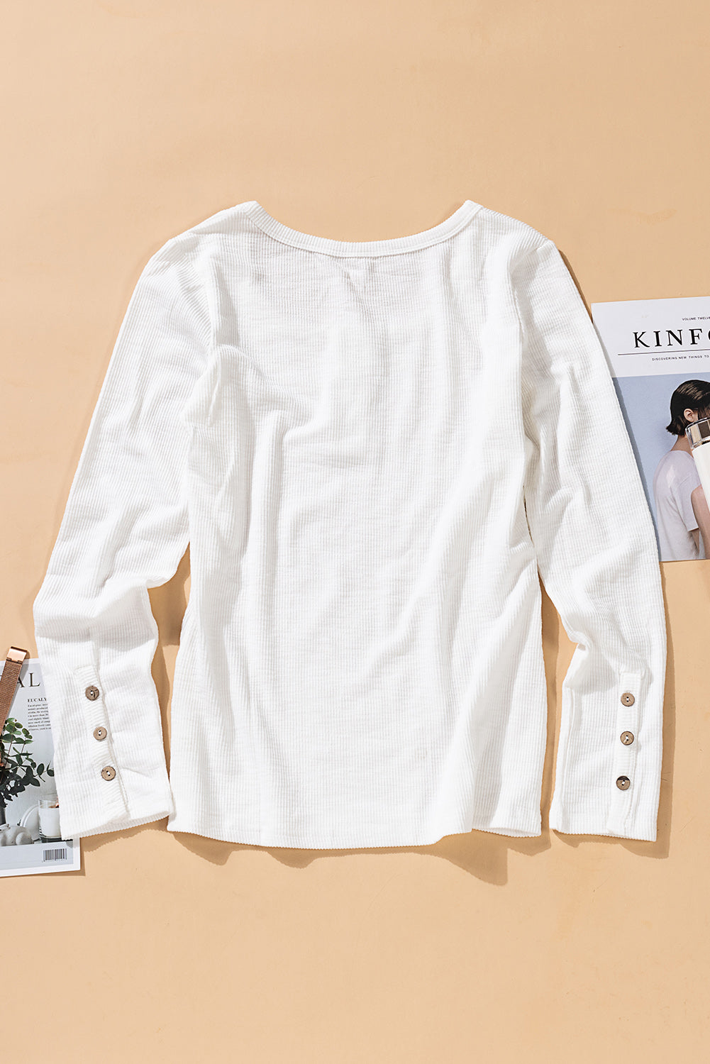 Women's Casual White Crewneck Buttons Ribbed Knit Long Sleeve Top