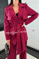 Business Needs Button Up Flap Pocket Belted Lapel Loose Jacket