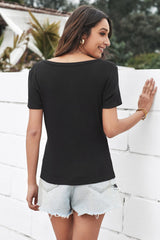 Women's Black Short Sleeve Scoop Neck Buttoned Front Ribbed Knit Top