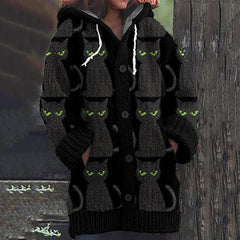 Balck Cat Pattern Cozy Hooded Knit Sweater