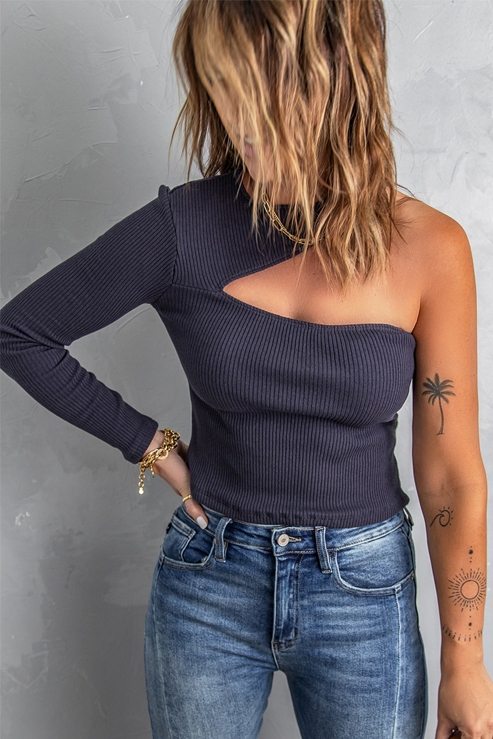 Women's Navy Cut-out One Shoulder Top