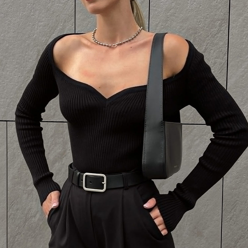 Square Neck Slim Knit Sweater with Long Sleeves Top