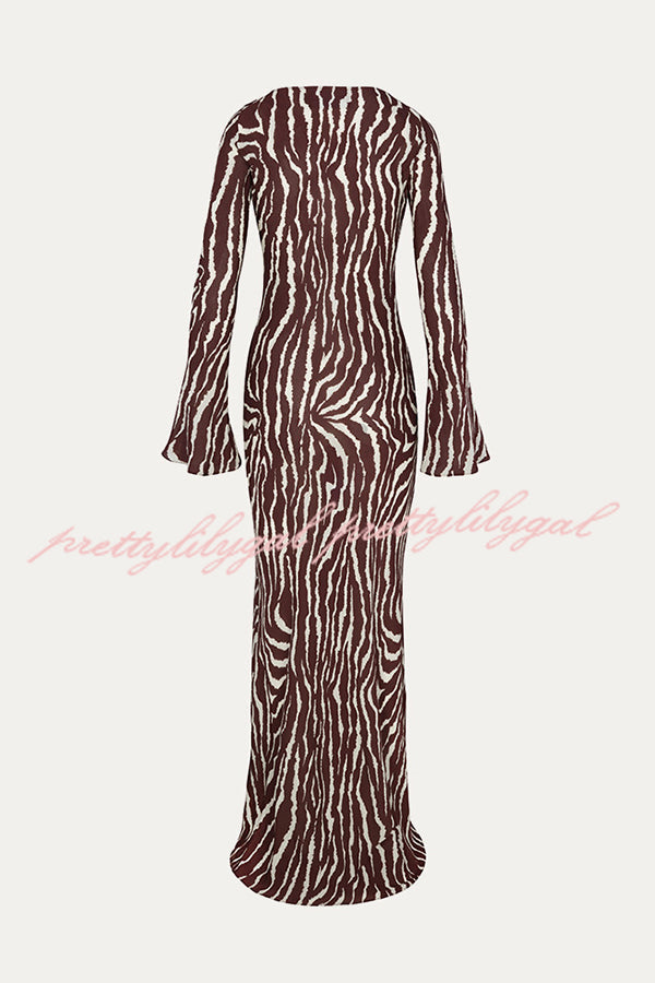 Gia Unique Print Boat Neck Long Bell Sleeve Bias Cut Maxi Dress