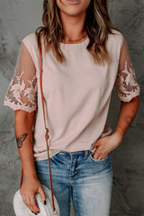 Women's Chic Apricot Lace Short Sleeve Top