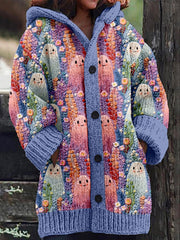 Halloween Ghost Embroidered Cozy Hooded Cardigan