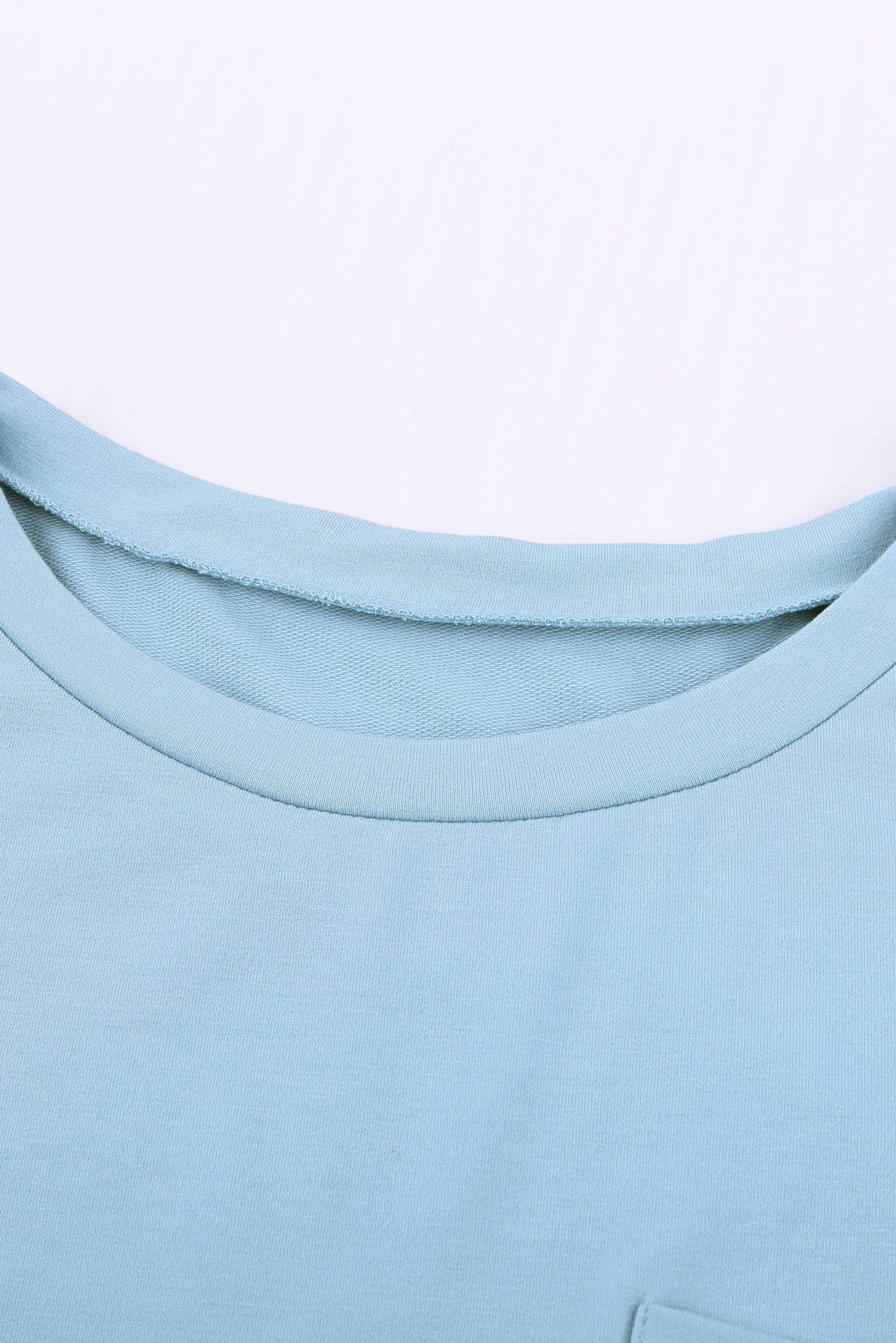 Women's Sky Blue Knit Pocketed Side Slits Short Sleeve Tee