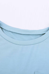 Women's Sky Blue Knit Pocketed Side Slits Short Sleeve Tee