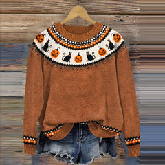 Halloween Pumpkin Cat Print Casual Knitted Pullover Sweater