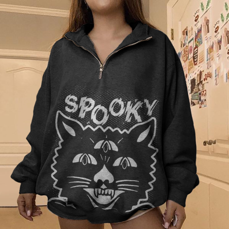 Long Sleeve Spooky Cat Print Sweatshirt