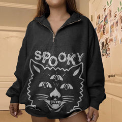 Long Sleeve Spooky Cat Print Sweatshirt