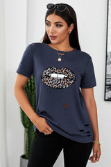 Women's Navy Leopard Lip Distressed Cotton Short Sleeve Tee