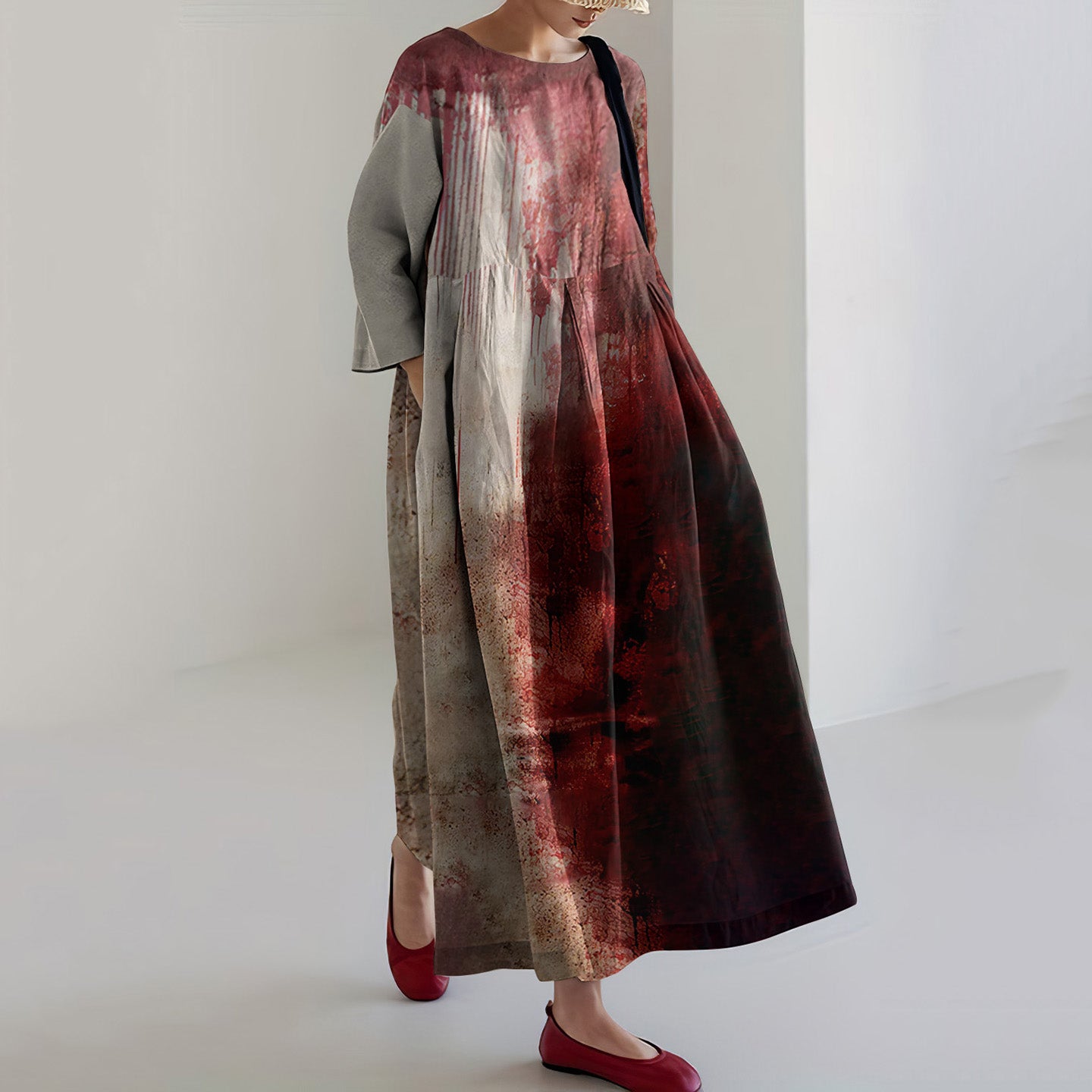 Vintage Bloody Halloween Print Long Sleeve Casual Midi Dress