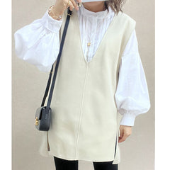 V-neck mid-length vest woolen vest