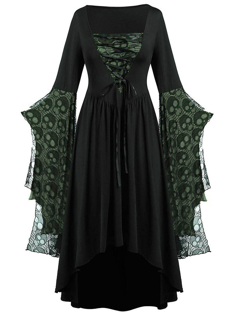Halloween Skull Print Lace Stitching Dress