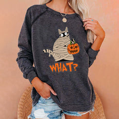 What Cat Print Crew Neck Casual Sweatshirt