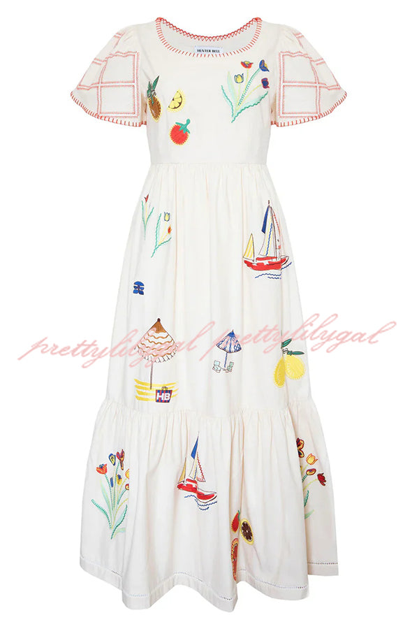Summer Resort Printed Round Neck Bell Sleeve Maxi Dress