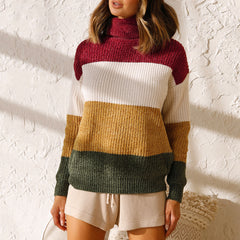 Contrast color high neck long sleeve casual languid breeze top
