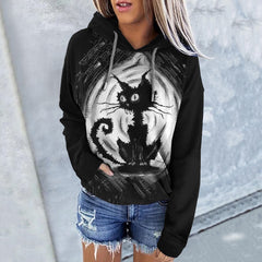 Casual Cat Print Long Sleeve Hoodie