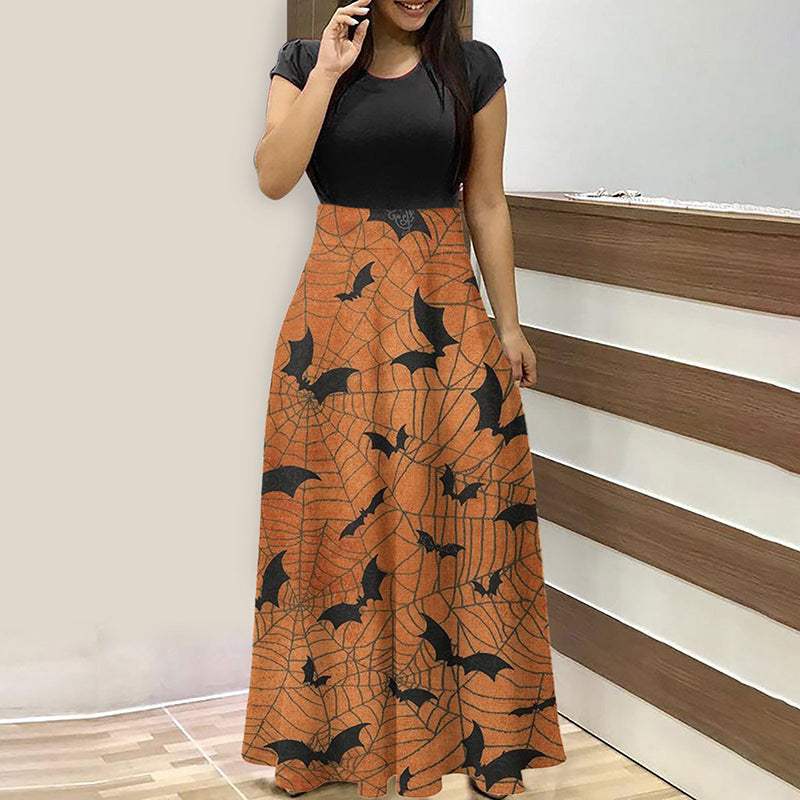 Crew Neck Halloween Bat Print  Maxi Dress