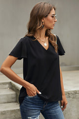Women's Casual Black V Neck Short Sleeve Tee