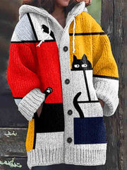 Abstract Colorblock Mondrian Cat Art Pattern Cozy Cardigan Sweater
