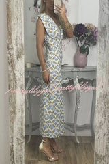 Forever Here Printed Padded Shoulder Front Center Slit Midi Dress