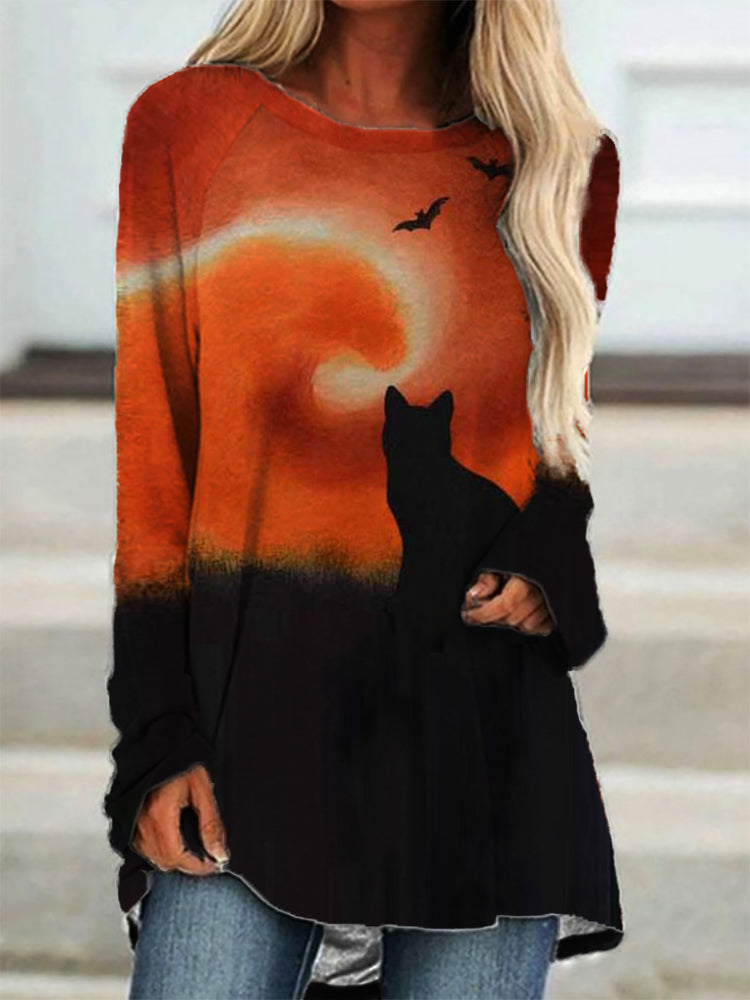 Halloween Black Cat Contrast A Line T Shirt