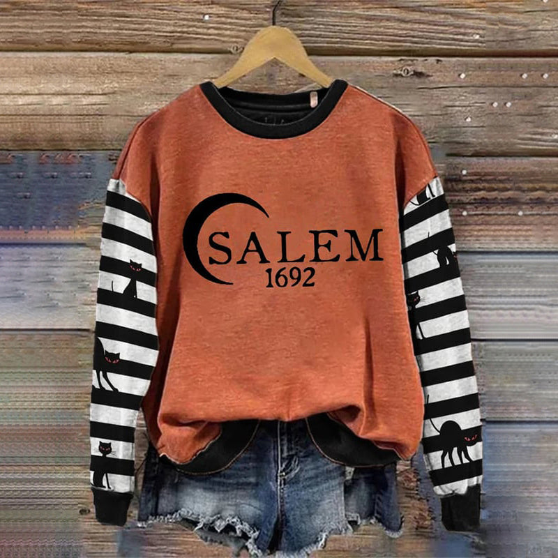 Salem 1692 Black Cat Stripe Contrast Print Crew Neck Sweatshirt
