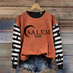 Salem 1692 Black Cat Stripe Contrast Print Crew Neck Sweatshirt