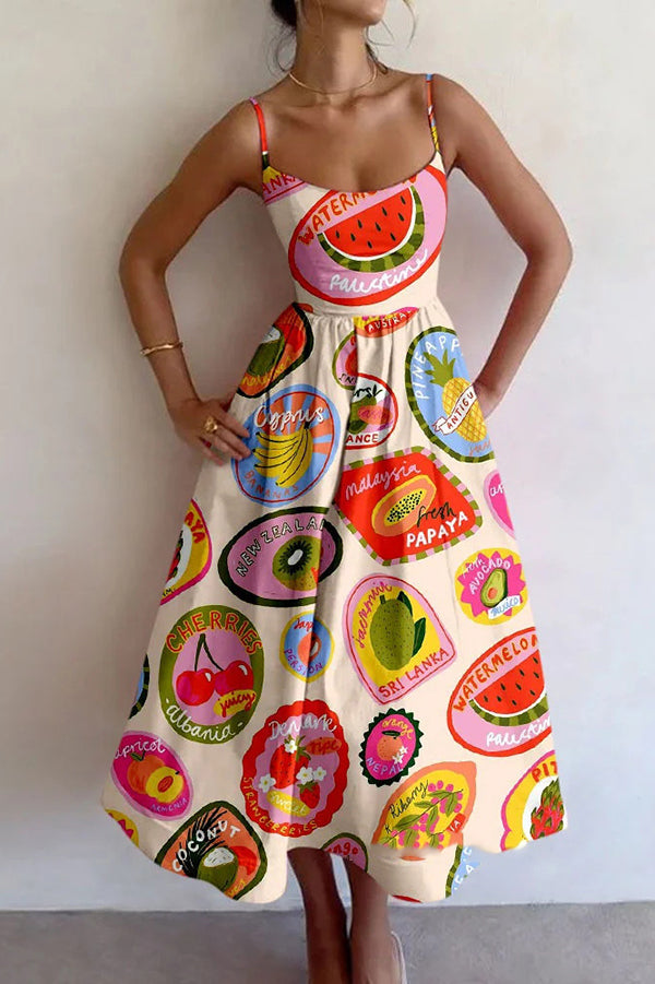 Colorful Unique Printed Sexy Suspender Slim Midi Dress