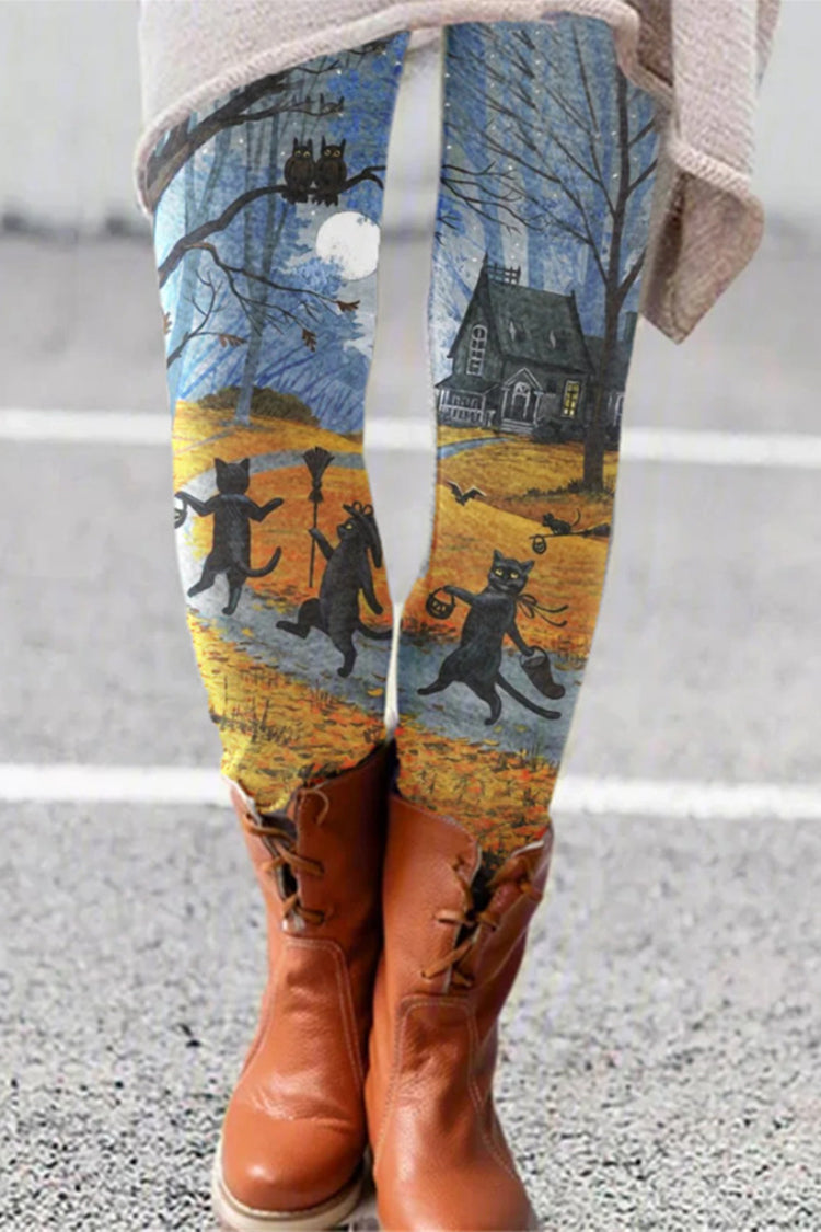 Halloween Cartoon Cat Print Leggings