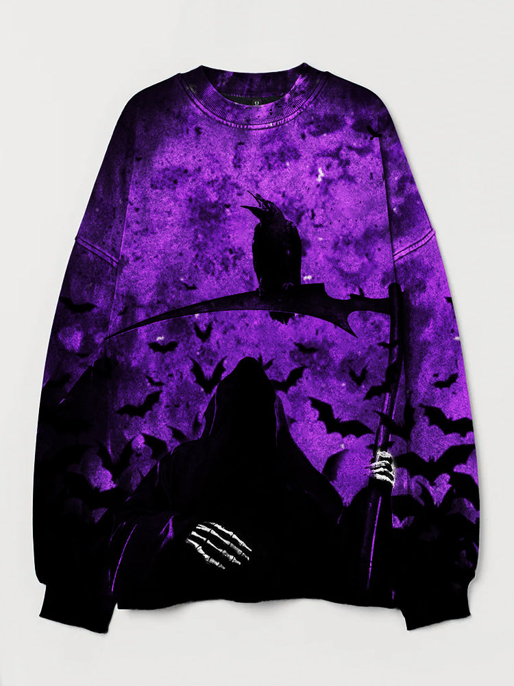 Grim Reaper & Raven Art Vintage Halloween Washed Sweatshirt