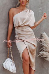 Glam Expectations One Shoulder Satin Drape Dress