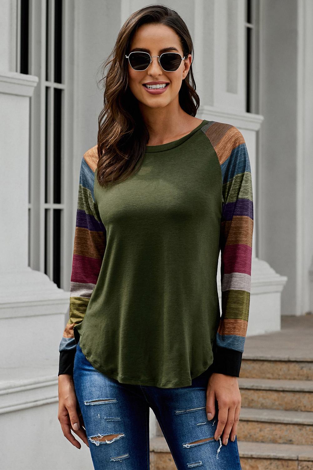 Women's Green Color Block Long Sleeves Pullover Top