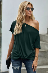 Women's Green Off-The-Shoulder Slash Neck Casual Loose Fitting Top