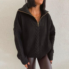 Polo Neck Twist Sweater Loose Casual Zipper Sweater