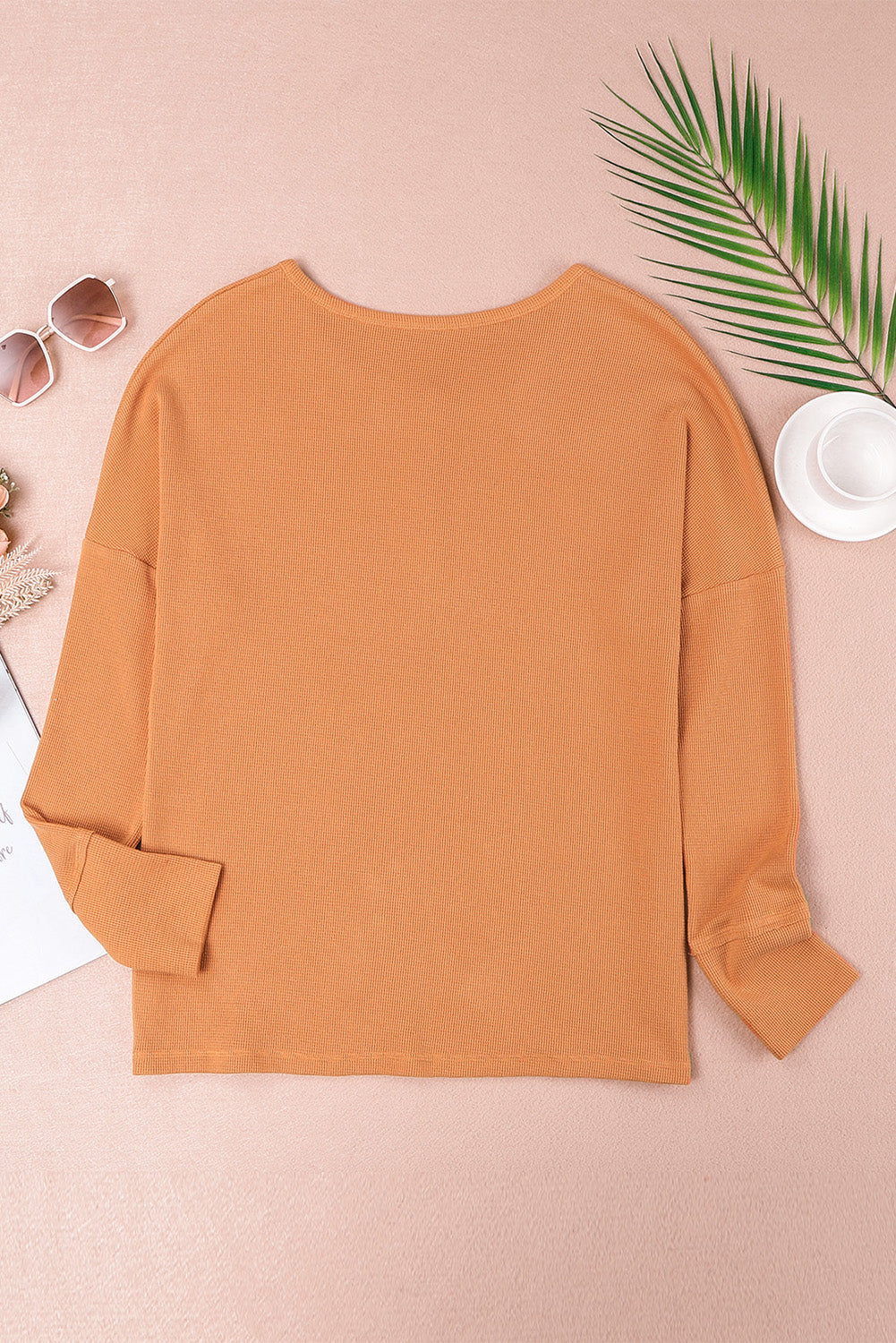 Women's Orange Waffle Knit Henley Top